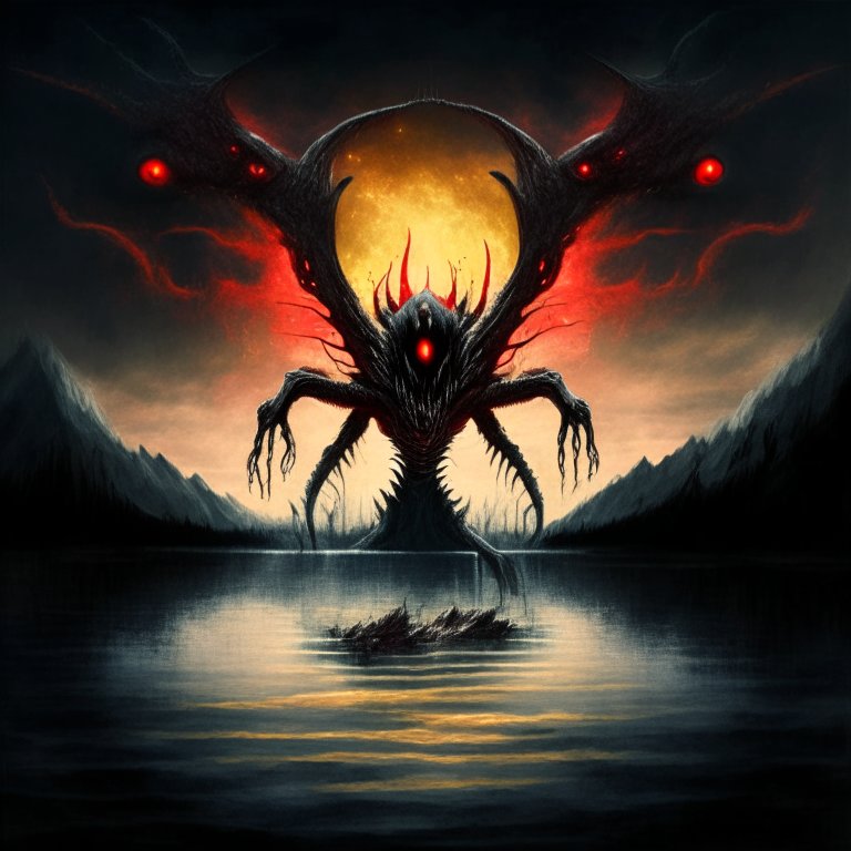 Humanoid monster with half of its head in the form of a xenomorph with red eyes, with tentacles on its back, rising into the air over a lake of sulfur and a black hole devouring the sky.