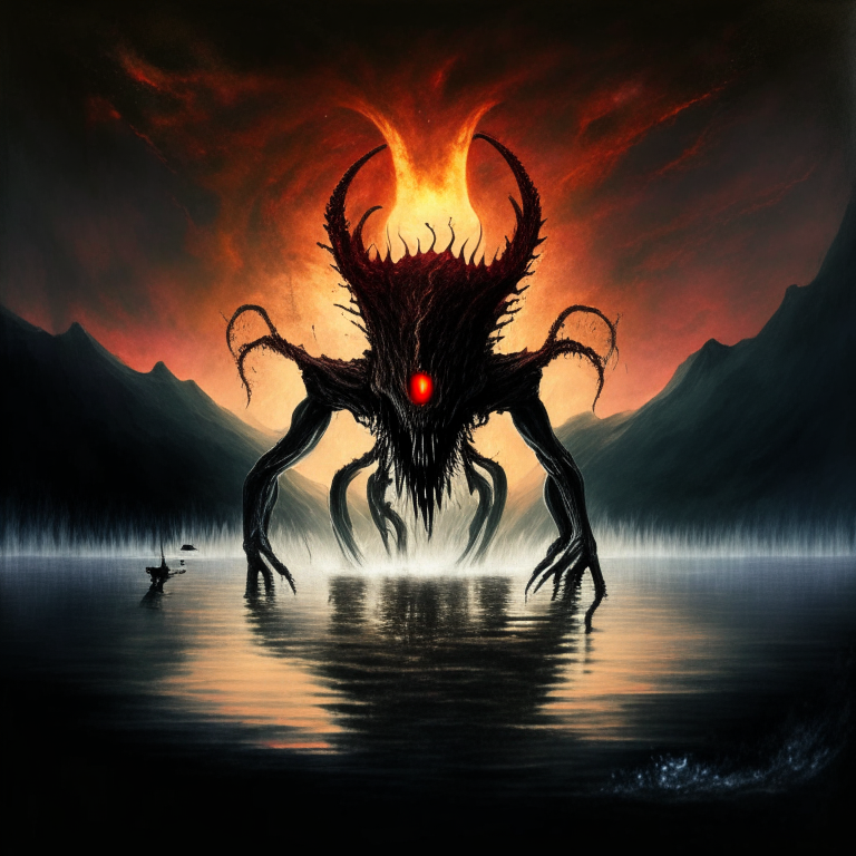 Humanoid monster with half of its head in the form of a xenomorph with red eyes, with tentacles on its back, rising into the air over a lake of sulfur and a black hole devouring the sky.