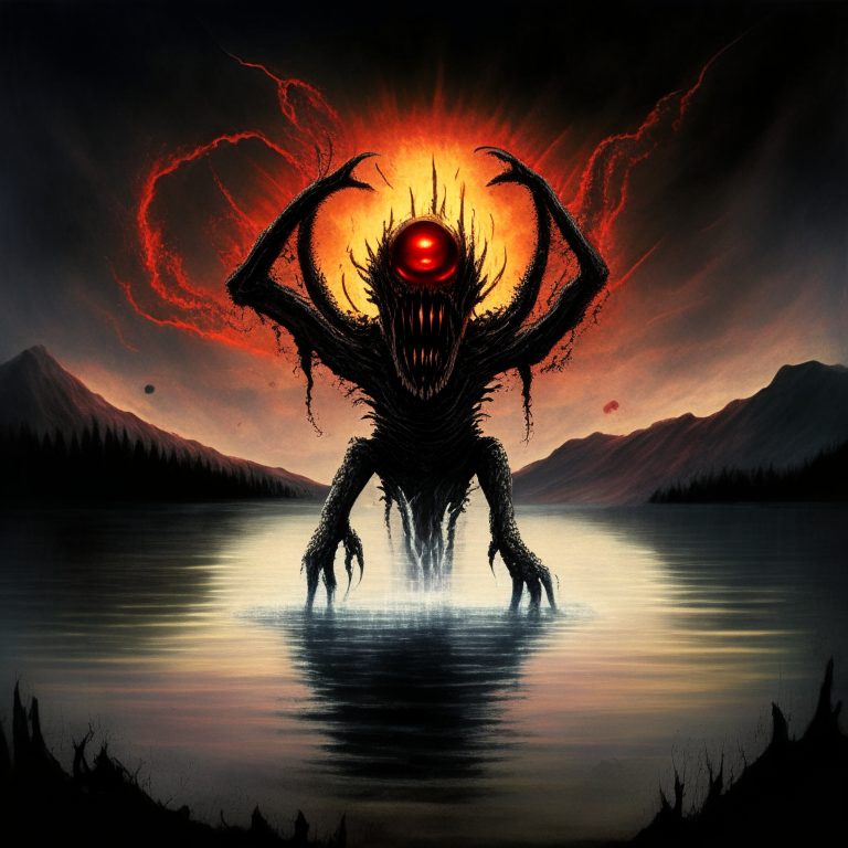 Humanoid monster with half of its head in the form of a alien with red eyes, with tentacles on its back, rising into the air over a lake of sulfur and a black hole devouring the sky.