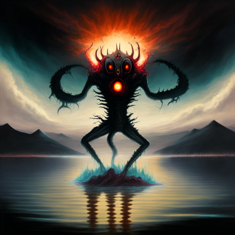 Humanoid monster with half of its head in the form of a androide with red eyes, with tentacles on its back, rising into the air over a lake of sulfur and a black hole devouring the sky.