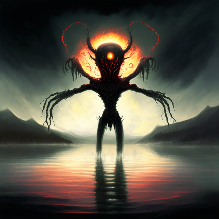 Humanoid with half of its head in the form of a androide with red eyes, with tentacles on its back, rising into the air over a lake of sulfur and a black hole devouring the sky.
