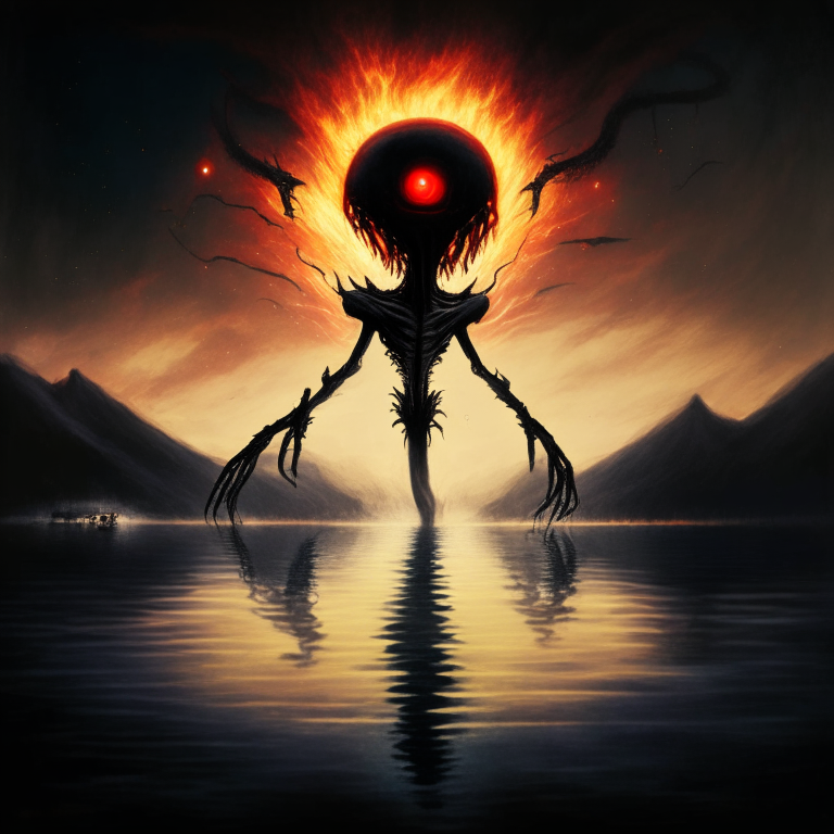 Humanoid with half of its head in the form of a alien
with red eyes, with tentacles on its back, rising into the air over a lake of sulfur and a black hole devouring the sky.