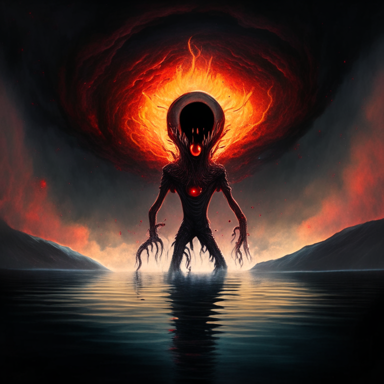 Humanoid
with red eyes, with tentacles on its back, rising into the air over a lake of sulfur and a black hole devouring the sky.