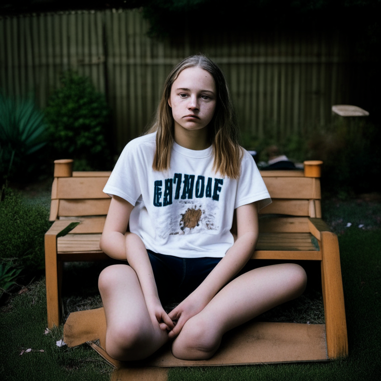 Hana Williams 14 year old, wearing an old t-shirt, sitting in the backyard