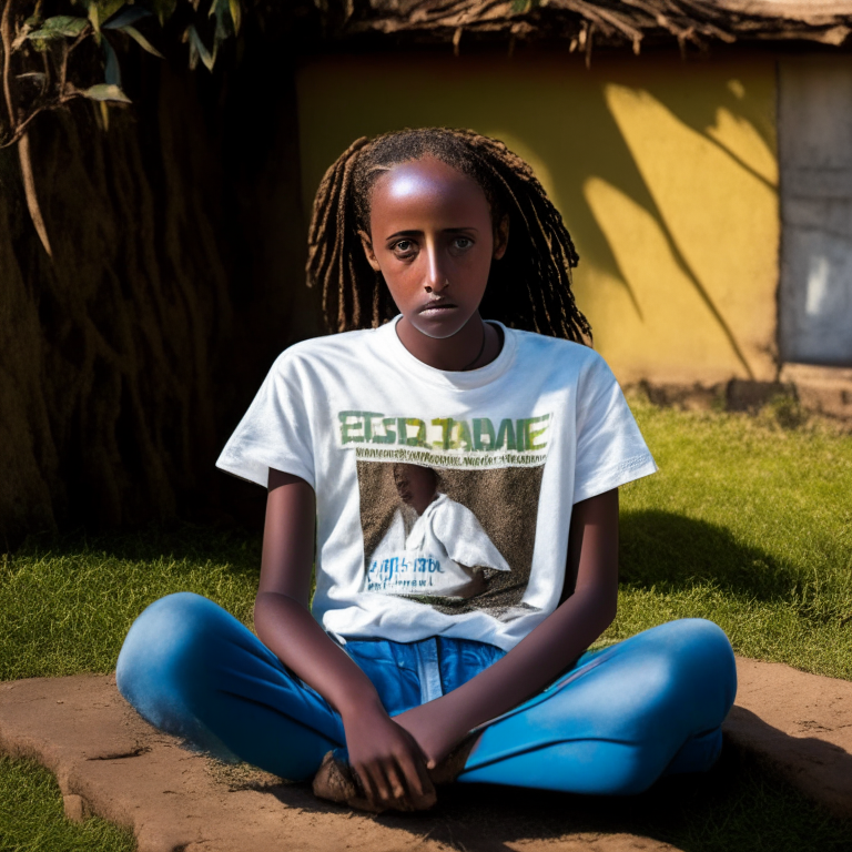 Hana Williams 14 year old in Ethiopia, wearing an old t-shirt, sitting in the backyard