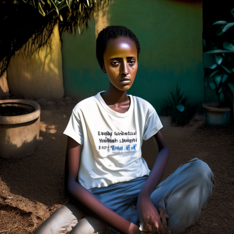 Hana Williams 14 year old in Ethiopia, wearing an old t-shirt, sitting in the backyard,  short hair
