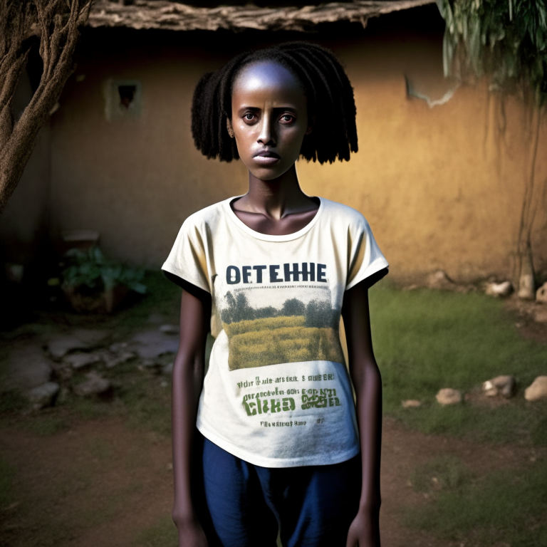 Hana Williams 14 year old in Ethiopia,wearing an old t-shirt, standing in the backyard of the old house,  short hair
