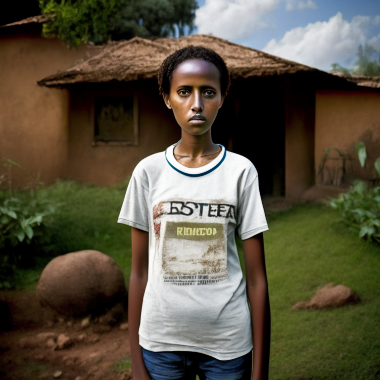 Hana Williams 14 year old in Ethiopia,wearing an old t-shirt, standing in the backyard of the old house,  short hair
