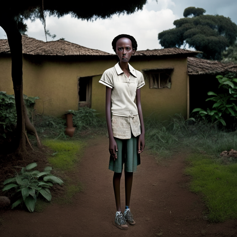 Hana Williams 14 year old in Ethiopia, standing in the backyard of the old house,  short hair
