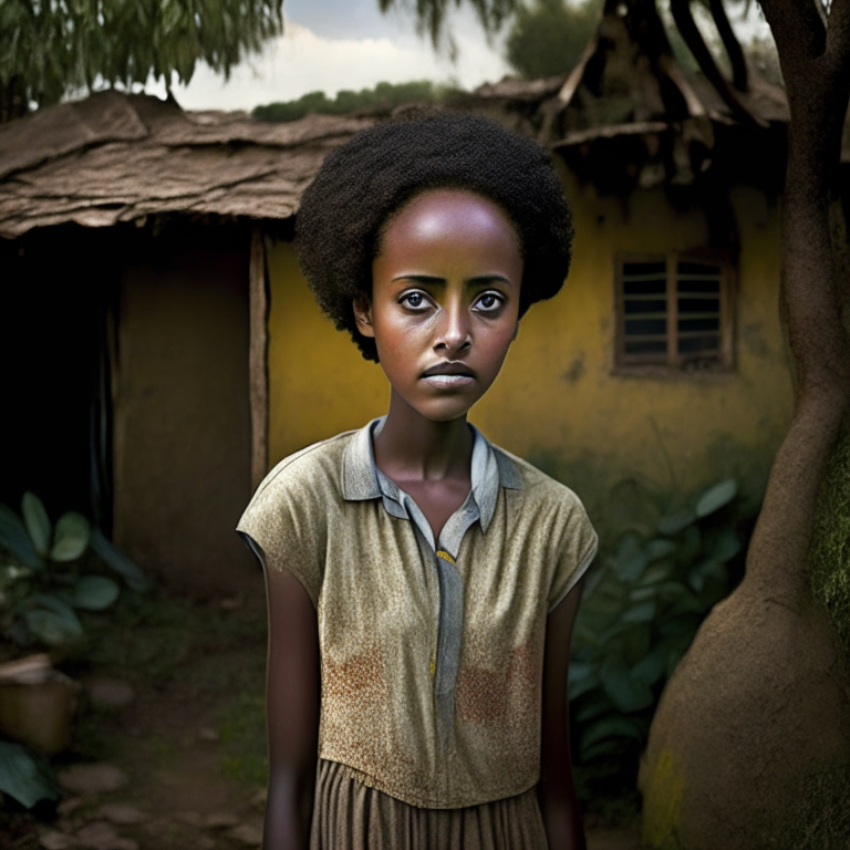 Hana Williams 14 year old in Ethiopia, beautyful, short hair
 standing in the backyard of the old house,  