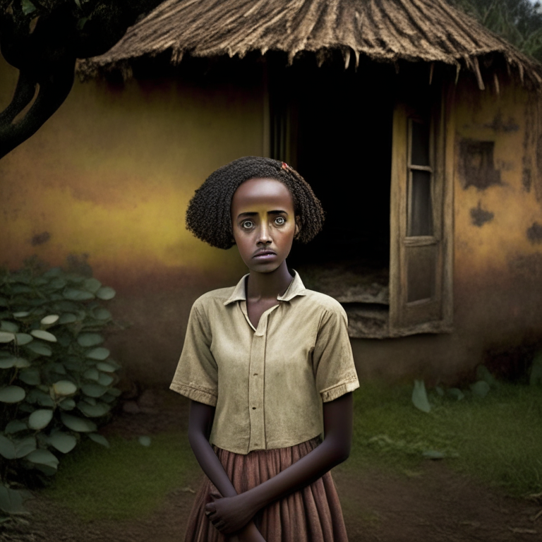 Hana Williams 14 year old in Ethiopia, beautyful, short hair
 standing in the backyard of the old house,  