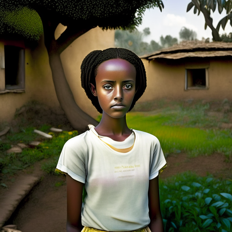 Hana Williams 14 year old in Ethiopia, beautyful, short hair, standing in the backyard of the house,  
 