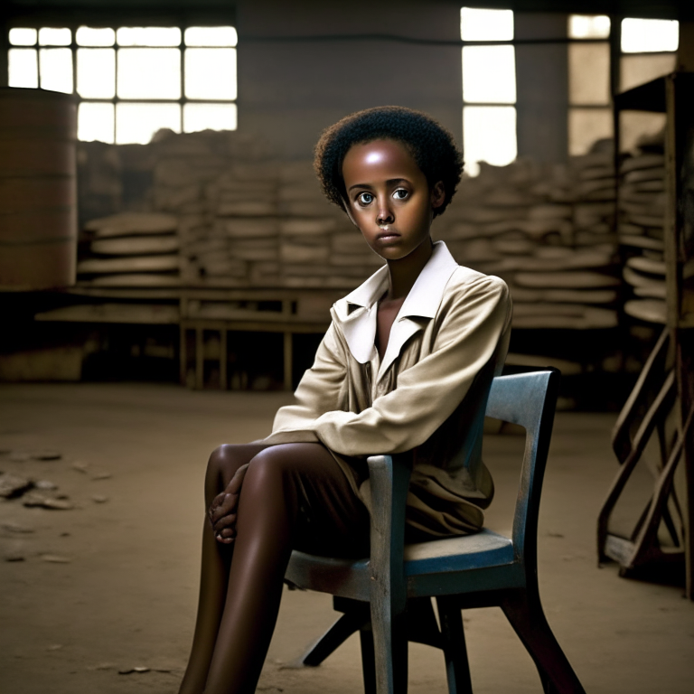 Hana Williams 14 year old in Ethiopia, beautyful, short hair, Sitting on a chair in the warehouse
 