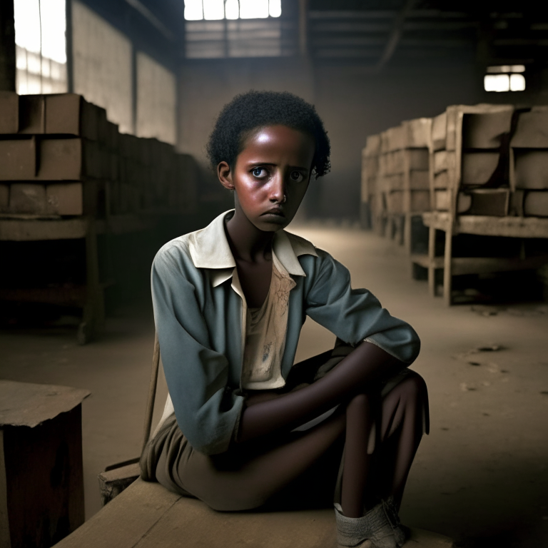 Hana Williams 14 year old in Ethiopia, beautyful, short hair, Sitting on a chair in the warehouse, look at the camera, crying

 