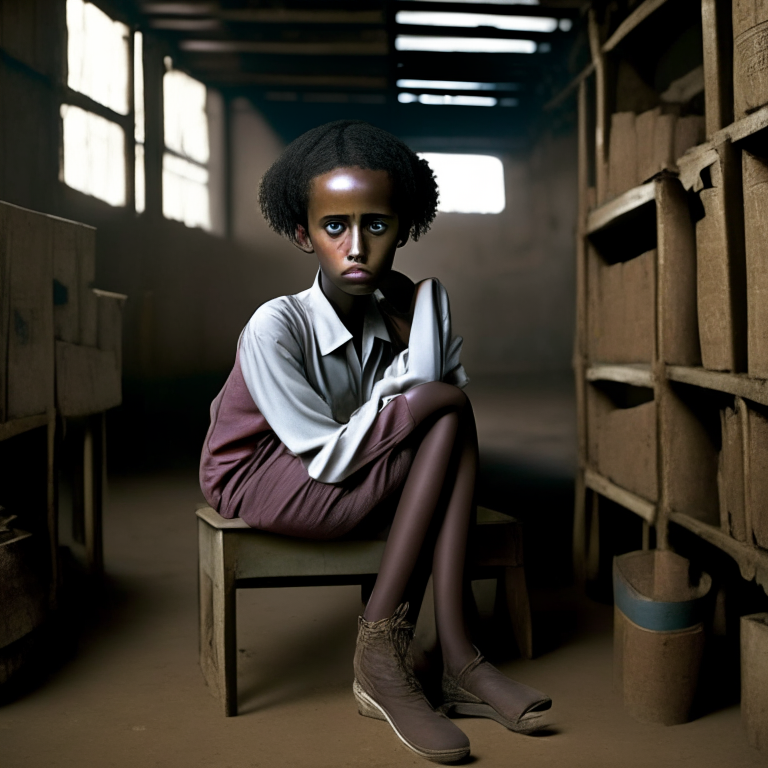 Hana Williams 14 year old in Ethiopia, beautyful, short hair, Sitting on a chair in the warehouse, look at the camera, crying

 