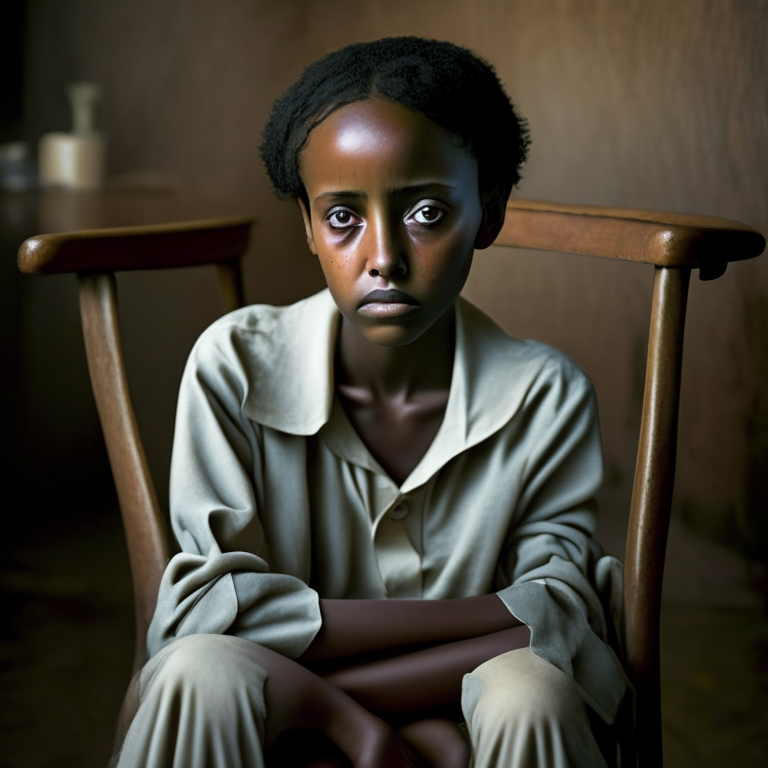 Hana Williams 14 year old in Ethiopia, beautyful, short hair, Sitting on a chair
, look at the camera, crying

 