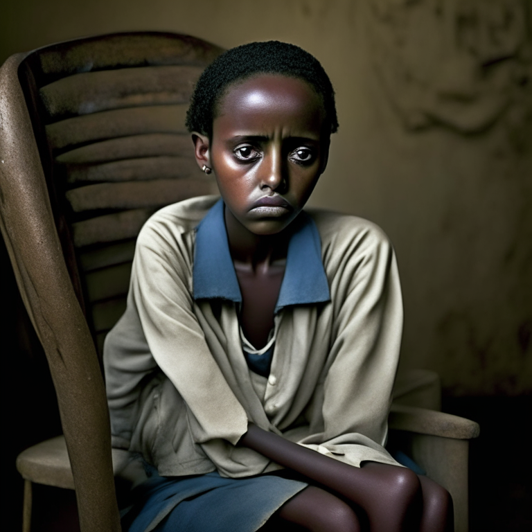 Hana Williams 14 year old in Ethiopia, beautyful, short hair, Sitting on a chair , look at the camera, crying”