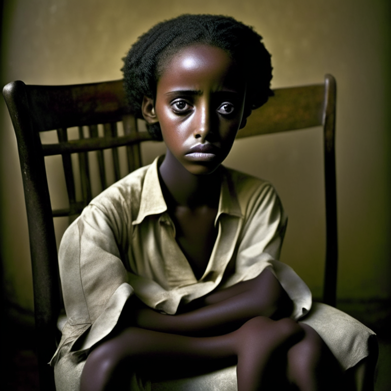 Hana Williams 14 year old in Ethiopia, beautyful, short hair, Sitting on a chair , look at the camera, crying”