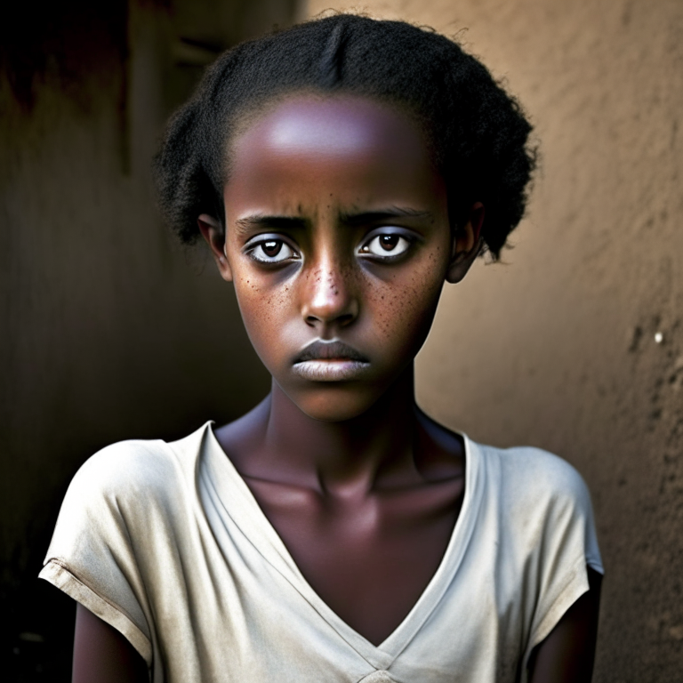 Hana Williams 14 year old in Ethiopia, beautyful, short hair , look at the camera, full body, crying”