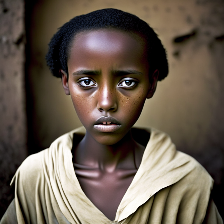 Hana Williams 14 year old in Ethiopia, beautyful, short hair , look at the camera, full body, crying”