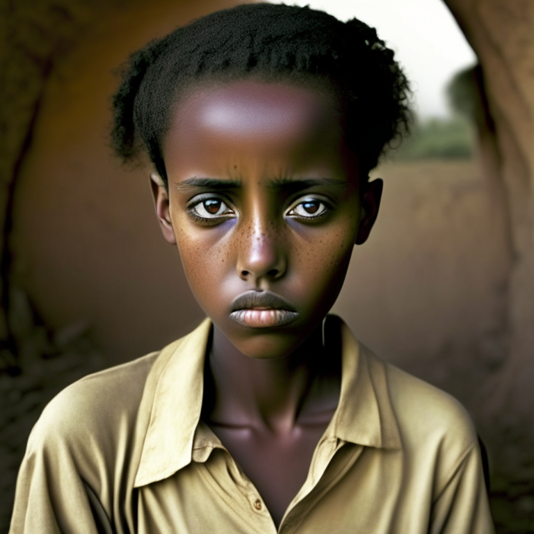 Hana Williams 14 year old in Ethiopia, beautyful, short hair , look at the camera, full body, crying, sad”