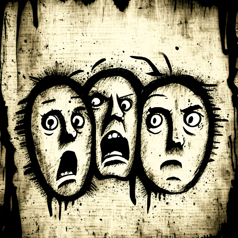 2D Ink Drawing of Frightened People Faces on Old Paper Texture Background