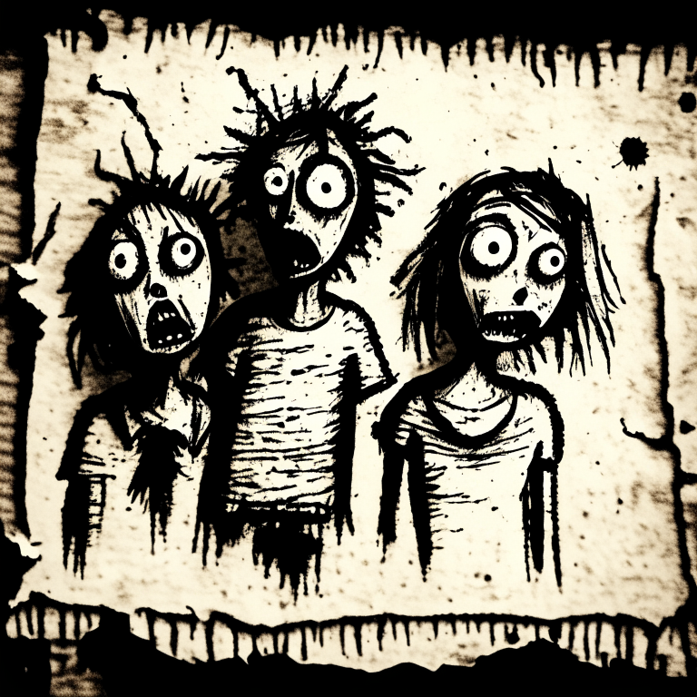 2D Ink Drawing of Frightened People on Old Paper Texture Background