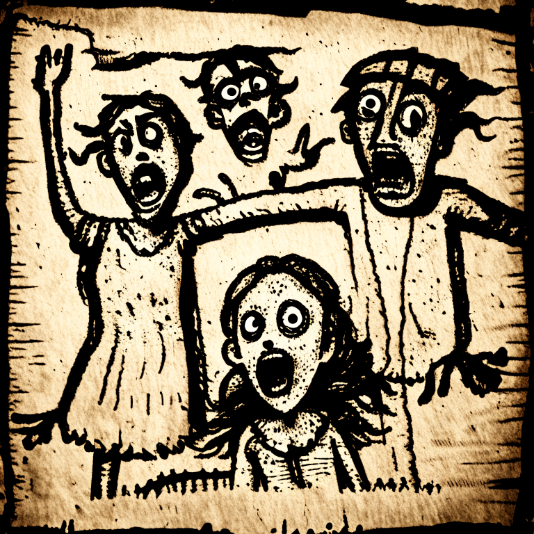 2D Ink Drawing of Frightened Mexican People on Old Paper Texture Background