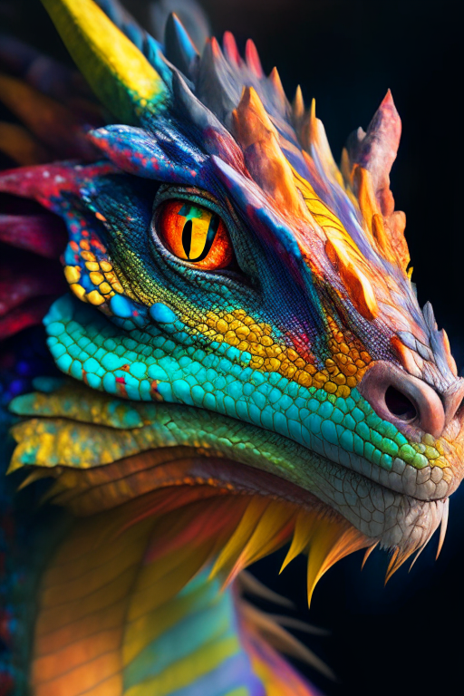 A portrait of a colourful dragon looking at the camera