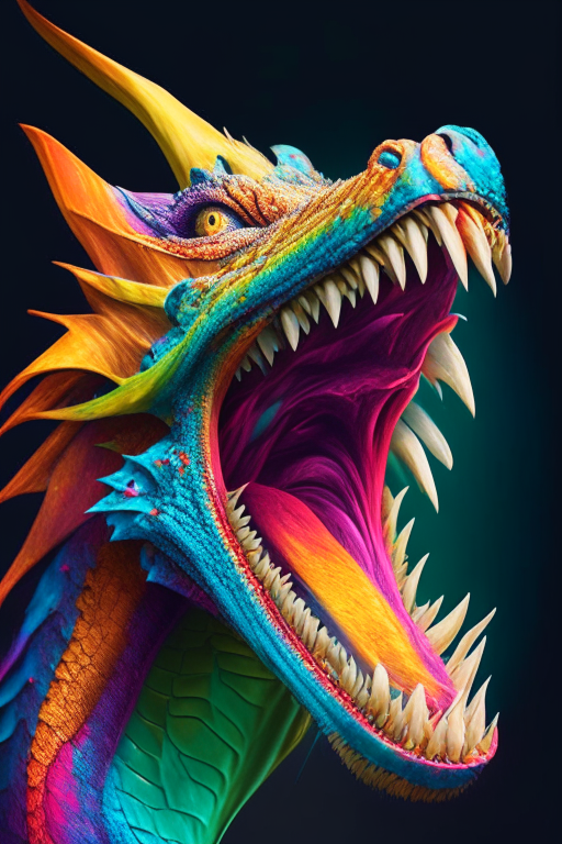 A portrait of a colourful dragon with its mouth open