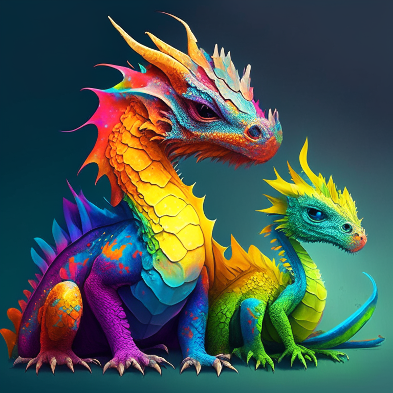 A colourful baby dragon with a grown up colourful dragon