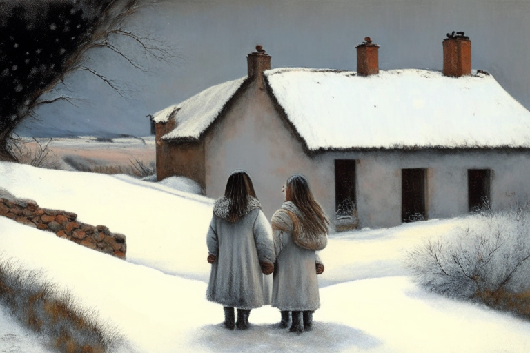 A catalan farmhouse in the snow with two little girls holding hands looking out at the landscape
