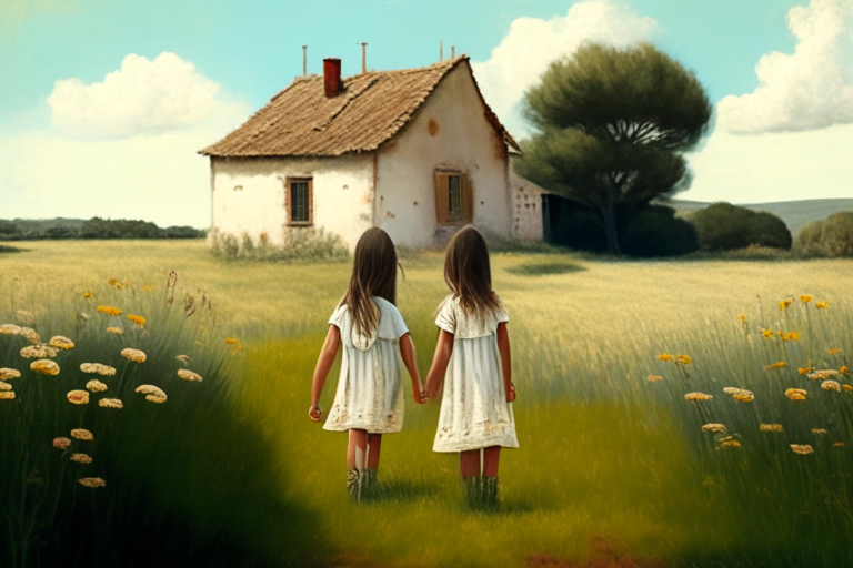 A catalan farmhouse in a meadow with two little girls holding hands