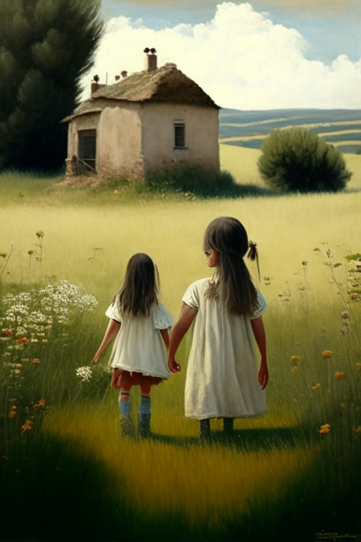 A catalan farmhouse in a meadow with two little girls holding hands