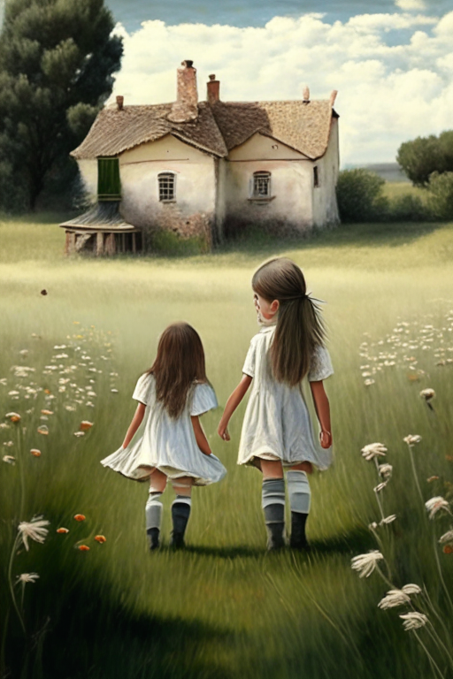 A realistic catalan farmhouse in a meadow with two little girls holding hands