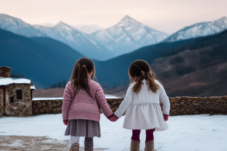 Two little girls with their backs to us holding hands in front of snowy mountains and a catalan farmhouse