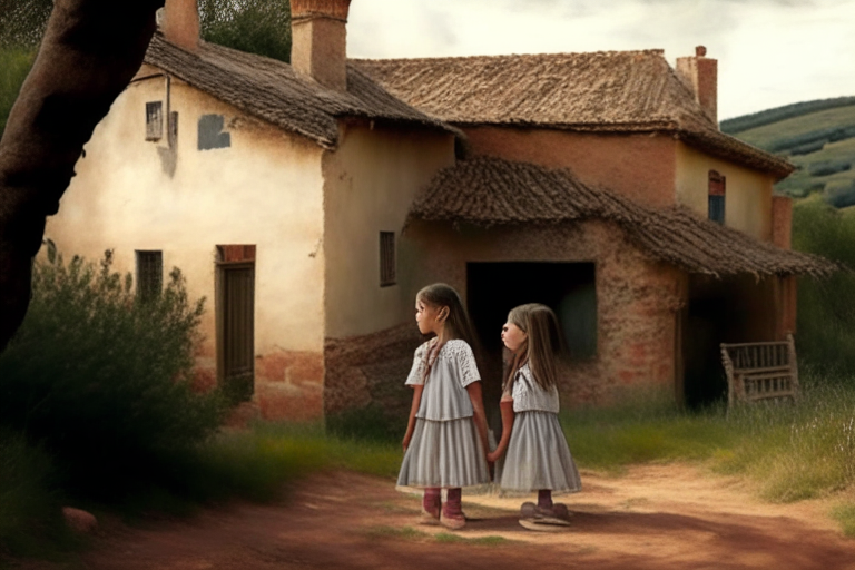A catalan farmhouse in the countryside with two little girls