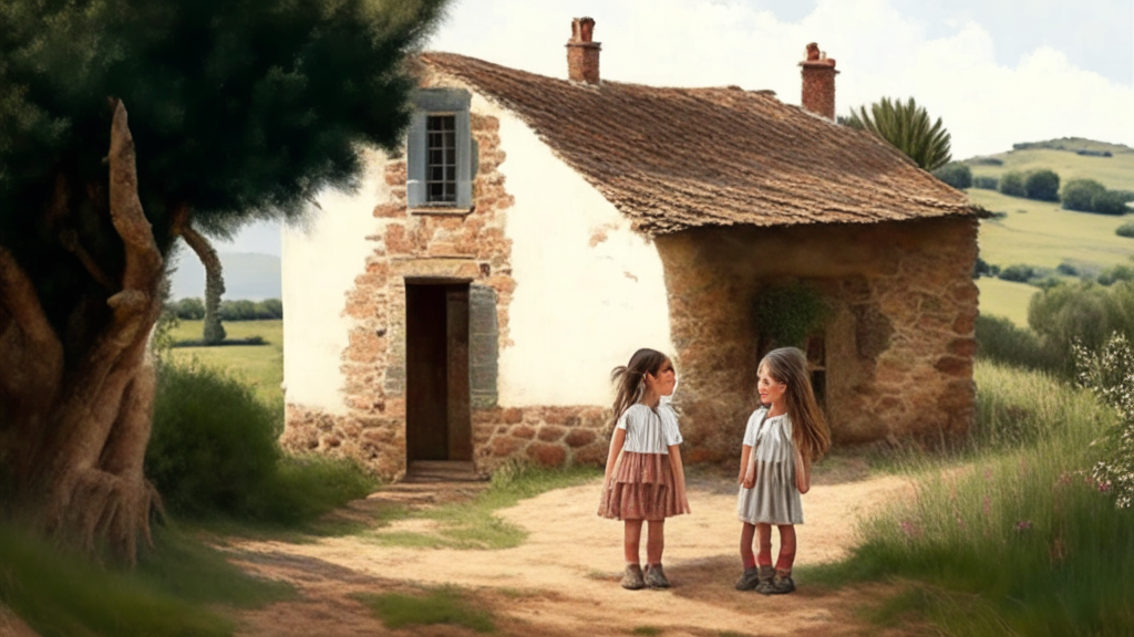 A catalan farmhouse in the countryside with two little girls