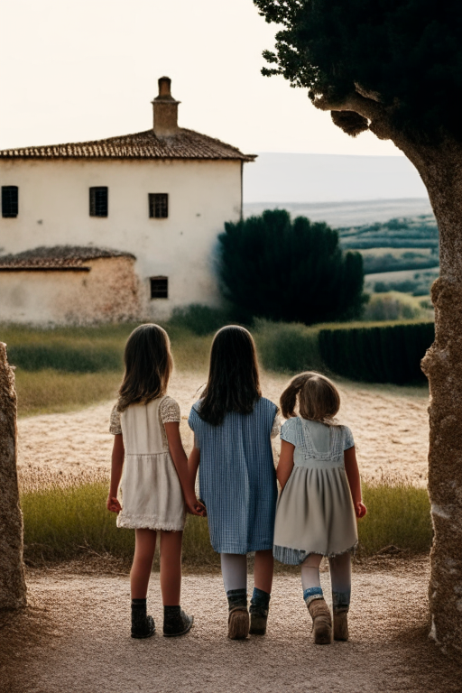 Two girls, a girl and a boy, holding hands looking at a Spanish farmhouse in the countryside