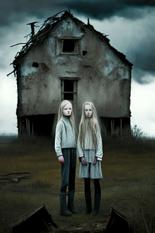 Two 12 year old girls, one blonde one brunette, standing by an old ruined farmhouse with a gloomy sky