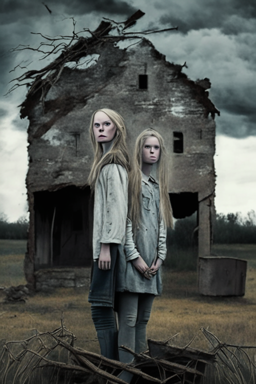 A realistic image of two 12 year old girls, one blonde one brunette, standing by an old ruined farmhouse with a gloomy sky