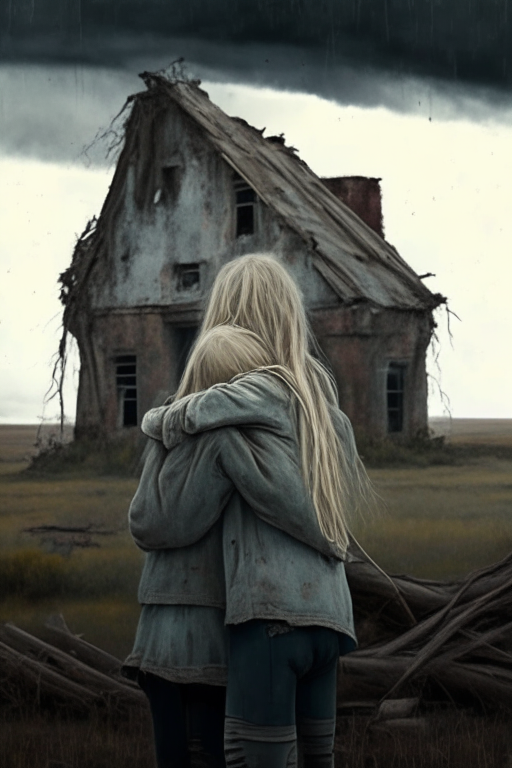 Two 12 year old girls, one blonde one brunette, hugging each other by the shoulders looking at an old ruined farmhouse with a gloomy sky