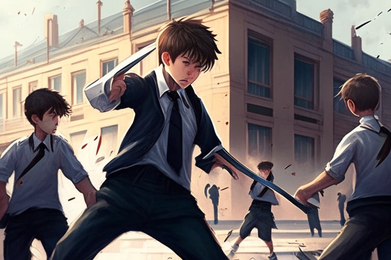 A boy in school uniform with knife in hand fighting with other boys, school building in background, realistic