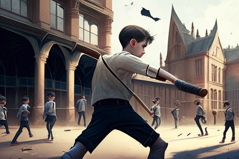A boy in school uniform with bat in hand fighting with other boys, school building in background, ultra realistic