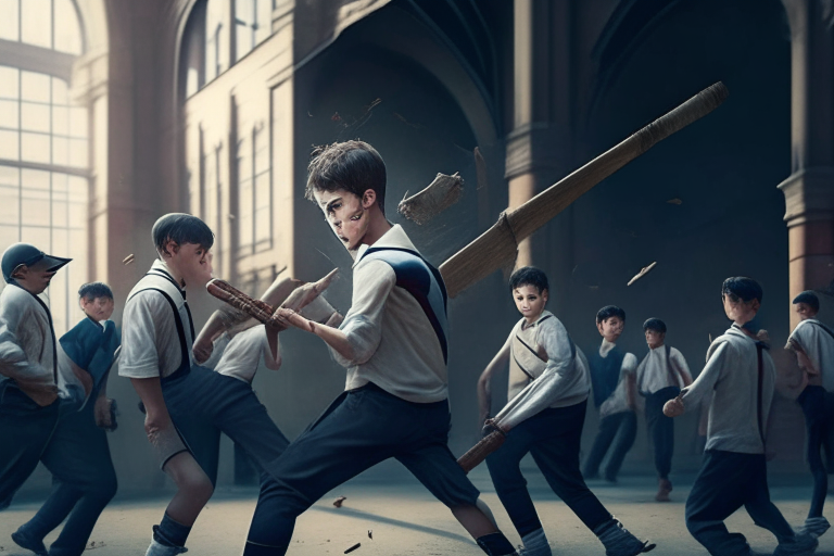 A boy in school uniform holding bat in hand fighting with others in school, school building in background, ultra realistic HD