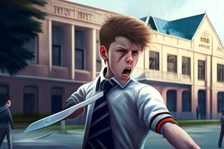 A boy in school uniform holding knife in right hand attacking one student, school building in background, ultra realistic HD