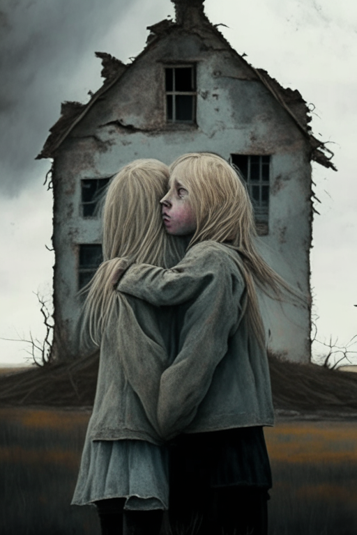 Two 12 year old girls of the same height, one blonde one brunette, hugging each other by the shoulders looking at an old ruined farmhouse with a gloomy sky