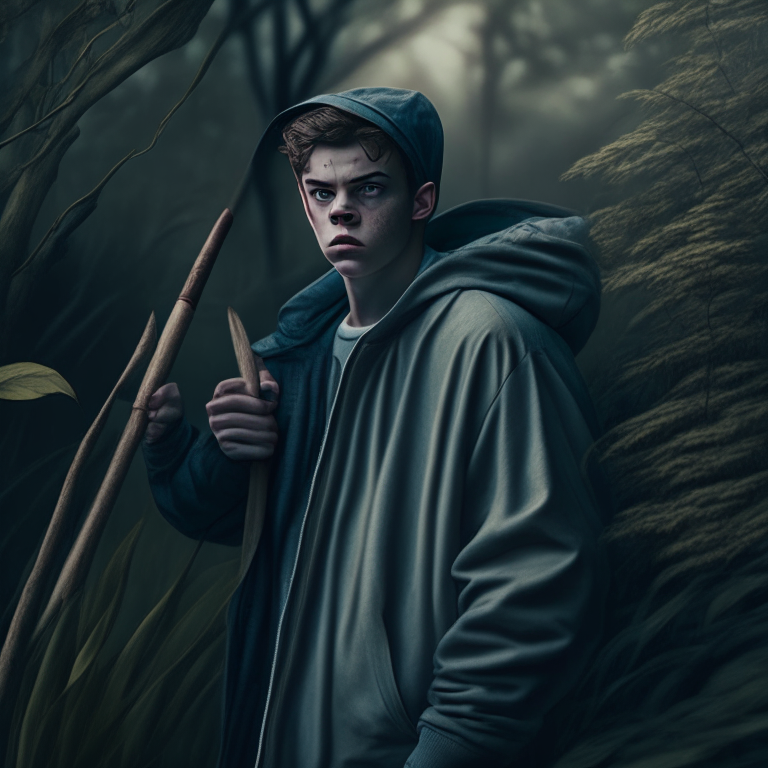 A young person with baseball bat in hand and wearing old fashion coat waiting in bushes for a jogger passing nearby, ultra realistic UHD
