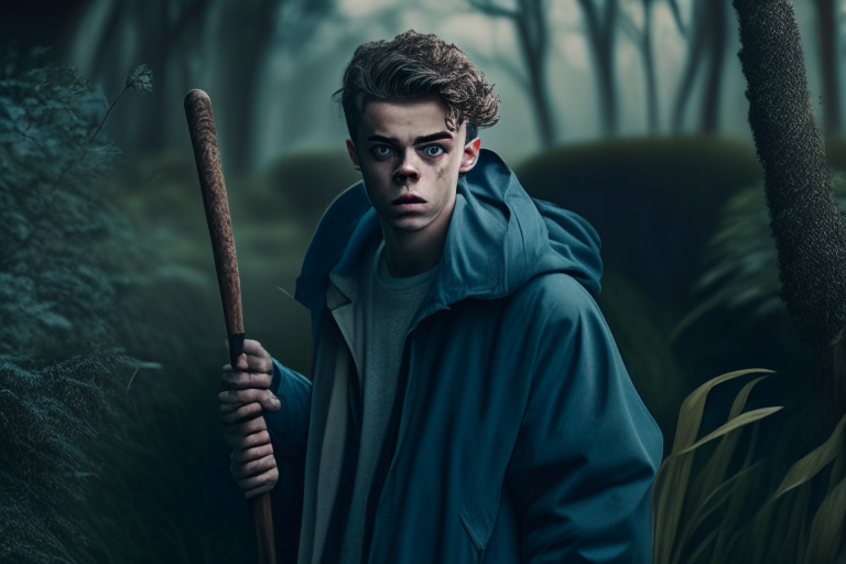 A young person with baseball bat in hand and wearing old fashion coat waiting in bushes for a jogger passing nearby, hyper realistic UHD