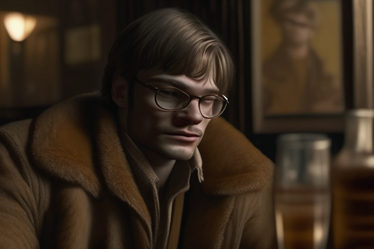 young Jeffrey Dahmer in a bar with a person wearing old fashioned coat with a glass of whisky, Ultra realistic UHD